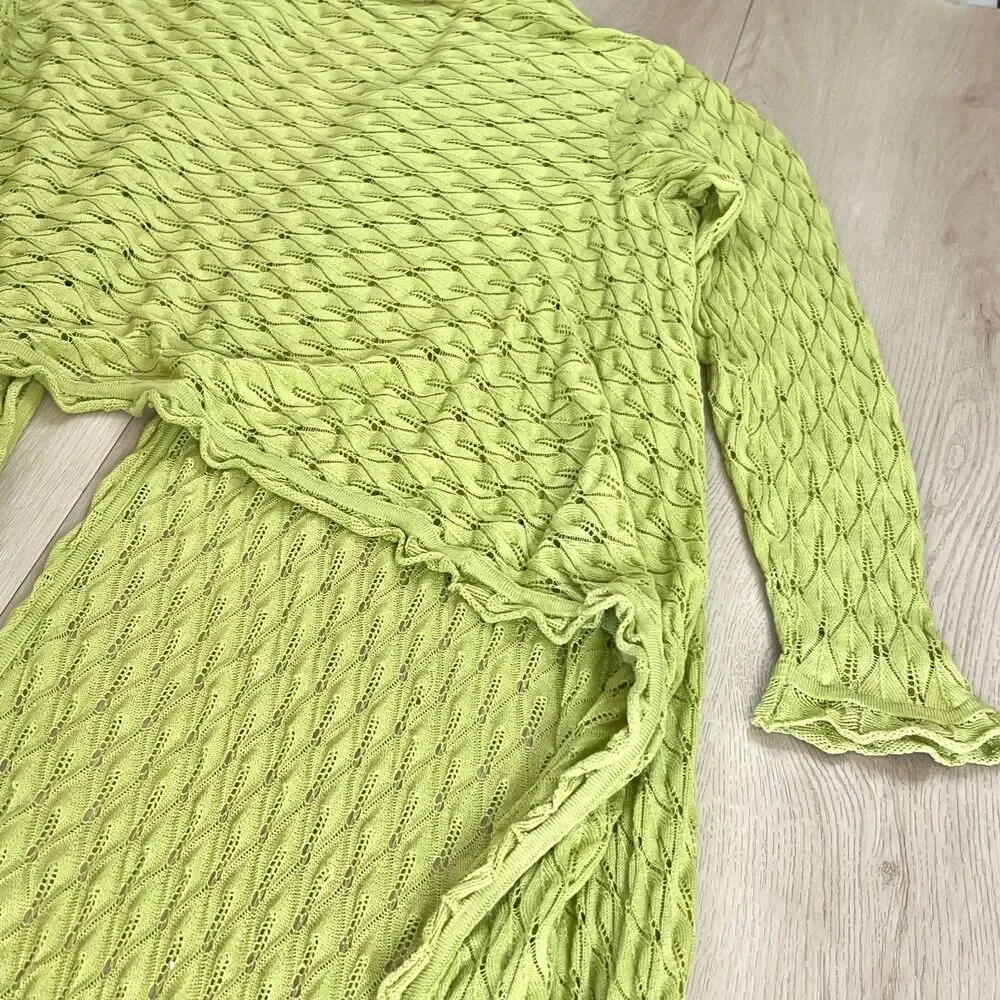 NIC+ZOE Lime Green Openwork Pointelle Long Duster Cardigan Sz 1X / Grunge Fairy